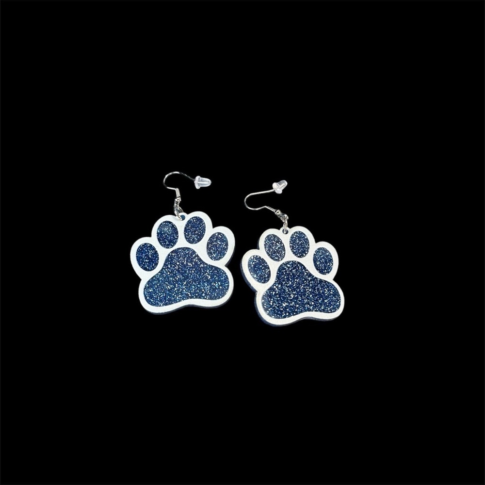 Blue Glitter Paw Print Earrings